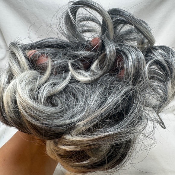 Synthetic Hair Bun Elastic Messy Curly Salt and Pepper Gray Chic Trendy - Picture 2 of 6